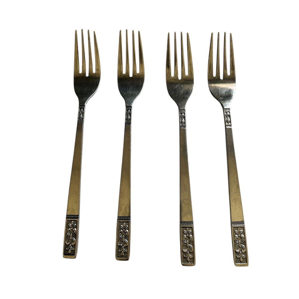 Vintage IIG Stainless Japan Silver Tone Salad Forks Set 4 Ornate Scroll Handle